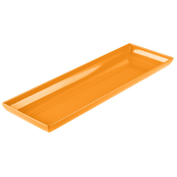 An orange rectangular cast aluminum Tablecraft platter with flared edges.