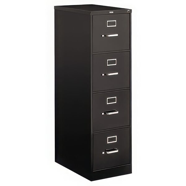 A black HON four-drawer vertical filing cabinet with silver handles.