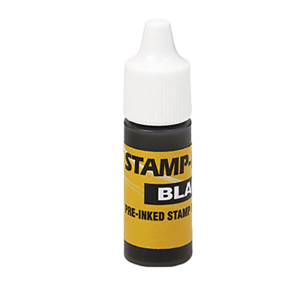 A white bottle of Identity Group black refill ink with a black cap.