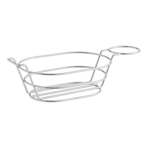 A silver Clipper Mill stainless steel oval basket with a handle.