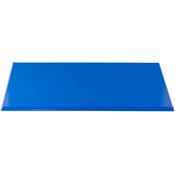 A cobalt blue rectangular cast aluminum platter with a logo on it.