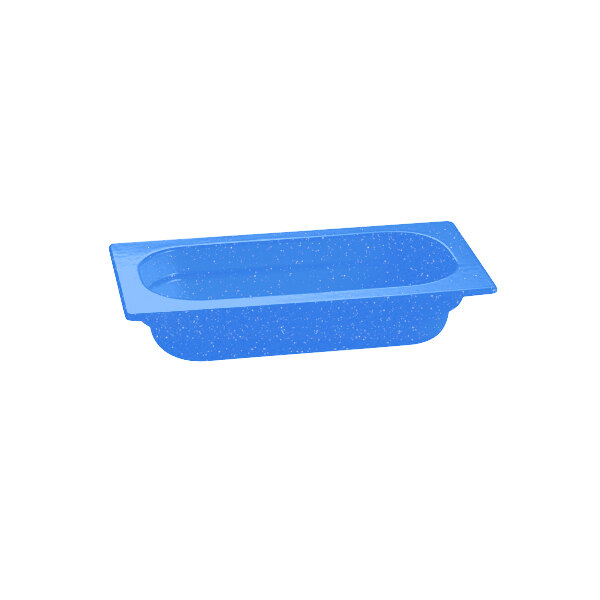 A blue rectangular Tablecraft cast aluminum food pan with white specks.