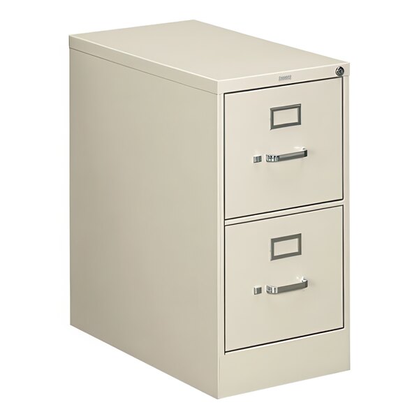 A light gray HON filing cabinet with two drawers.