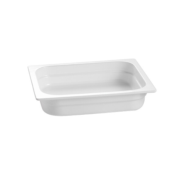 A white rectangular Tablecraft cast aluminum food pan.