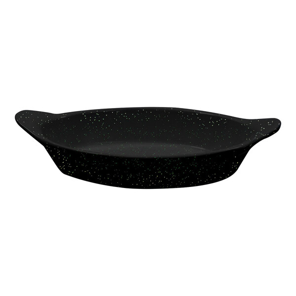 A black Tablecraft cast aluminum oval server with green speckles on the surface.