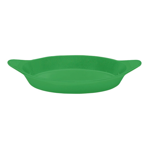 A green oval serving bowl with shell handles.