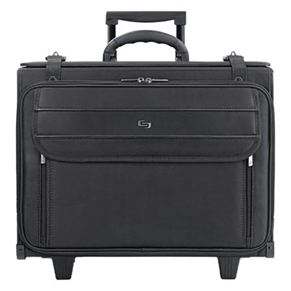 A black Solo rolling catalog case with wheels.