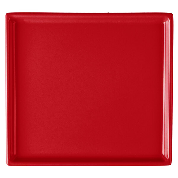 A red rectangular Tablecraft cooling platter.