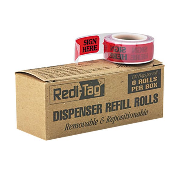A box of Redi-Tag "Sign Here" arrow page flag dispenser refills with red tape inside.
