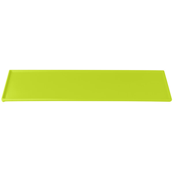 A lime green rectangular cast aluminum cooling platter.