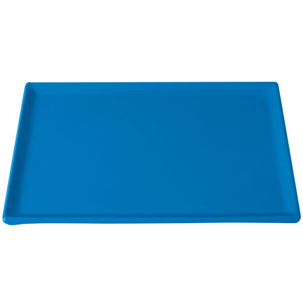 A sky blue rectangular cast aluminum tray with white border.
