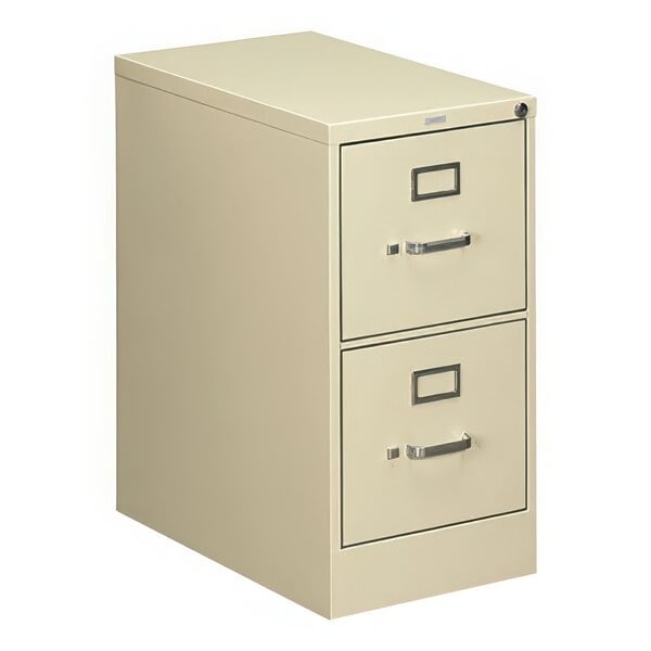 A HON putty two-drawer filing cabinet.