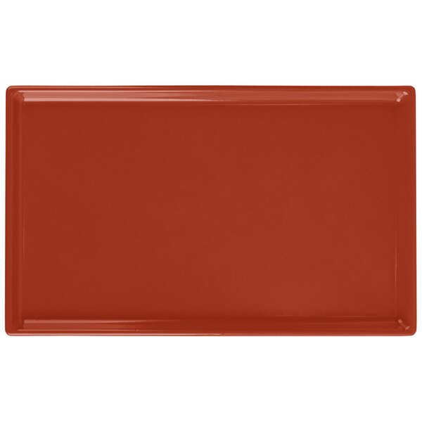 A copper rectangular Tablecraft cooling platter with a white border.