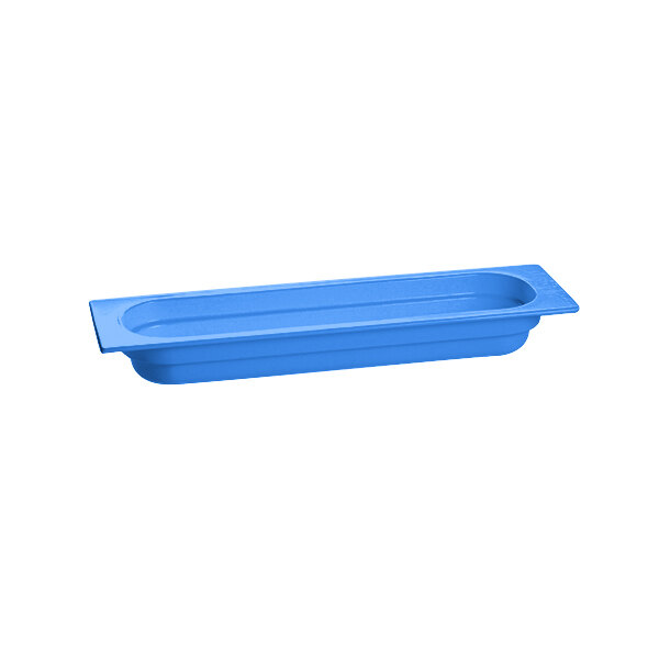 A cobalt blue rectangular cast aluminum food pan with a white interior.