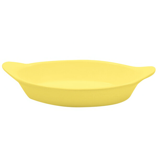 A yellow Tablecraft oval server with shell handles.