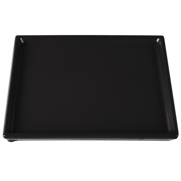 A black rectangular Tablecraft cooling platter with a white border.