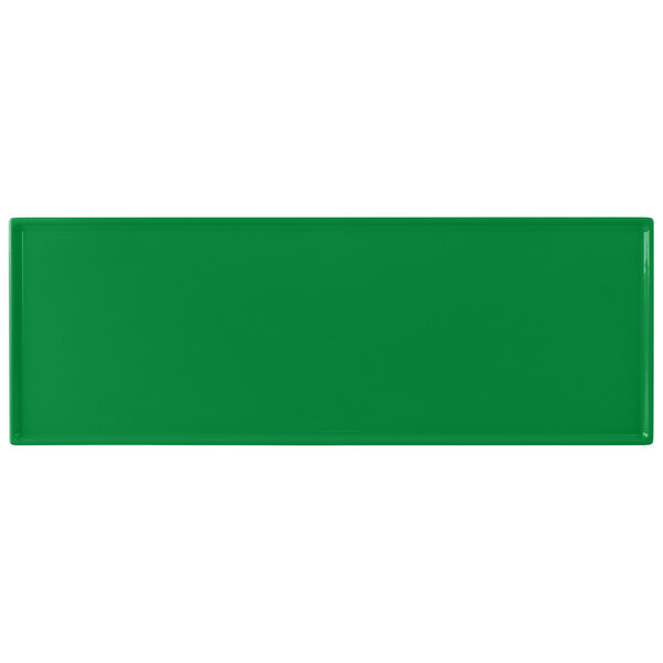 A green rectangular Tablecraft cast aluminum cooling platter.