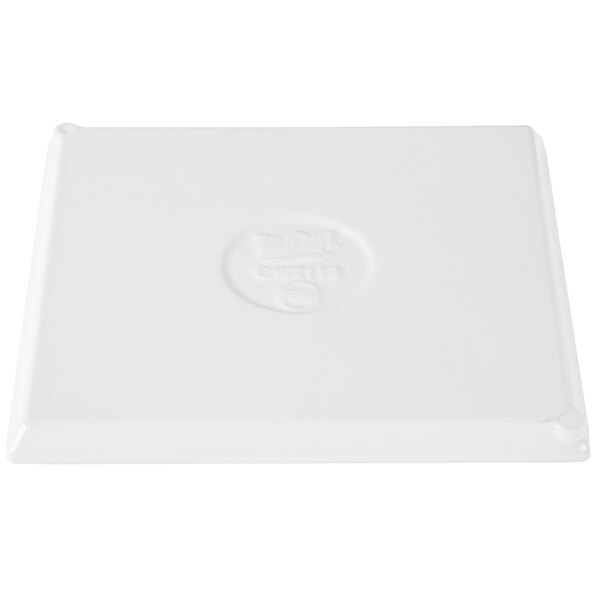 A white rectangular cast aluminum Tablecraft cooling platter with a logo.