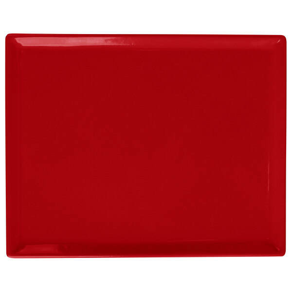 A red rectangular Tablecraft cast aluminum cooling platter.