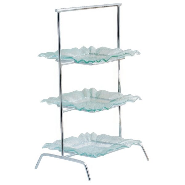 A three tiered metal stand with glass trays.