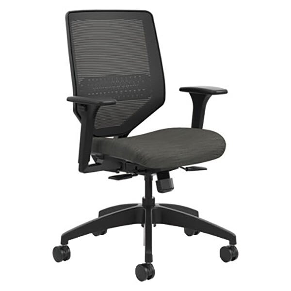 A black HON Solve mesh office chair with arms.