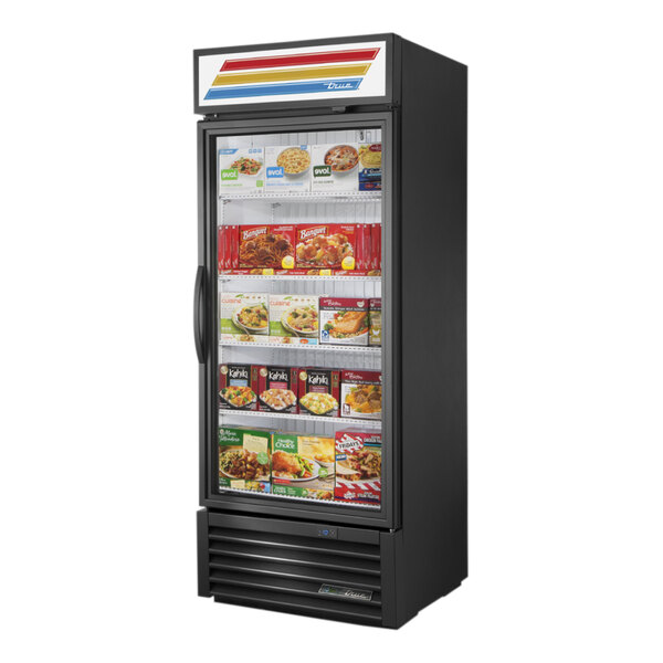A black True glass door merchandiser freezer with food on the shelves.