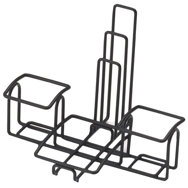 A black powder coated iron Clipper Mill 2-compartment condiment caddy.