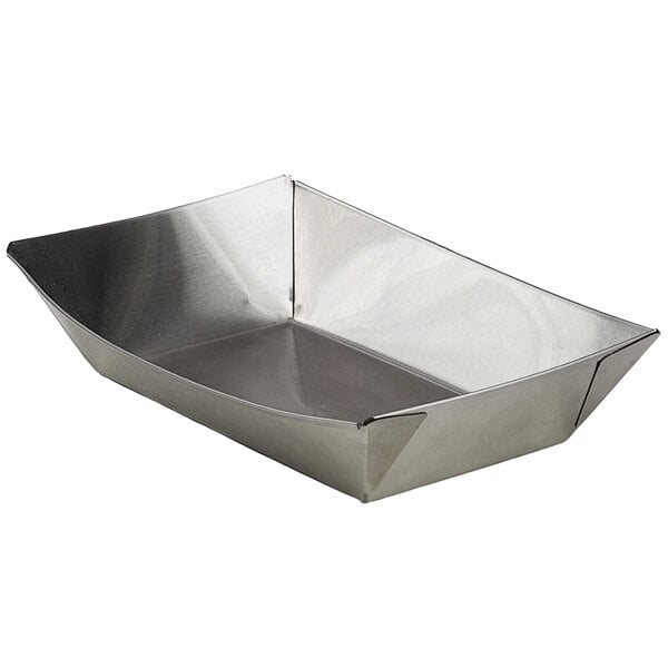 A silver rectangular stainless steel tray.