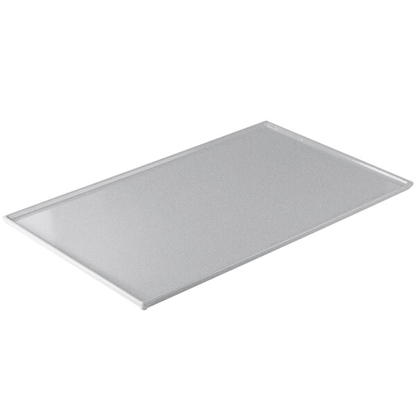 A natural cast aluminum rectangular cooling platter on a white background.