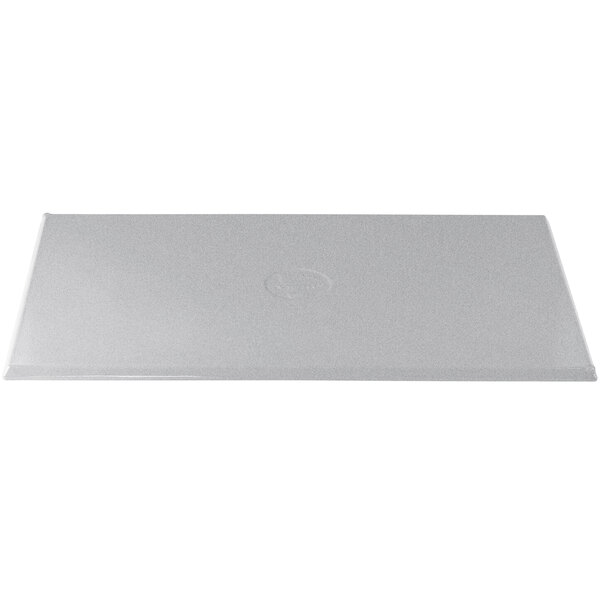 A natural cast aluminum rectangular cooling platter with Tablecraft logo on the bottom.