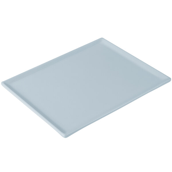A gray rectangular cast aluminum tray with a Tablecraft CW2104GY gray rectangular tray on a white background.