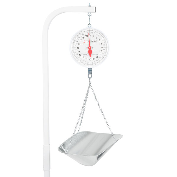 A Cardinal Detecto hanging scale with a metal hook.
