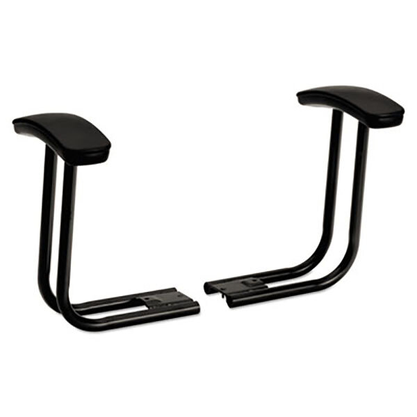 Two black metal HON ComforTask chair stools with black T-arms.