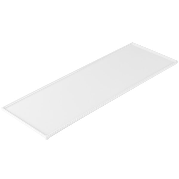 A white rectangular Tablecraft cast aluminum cooling platter.