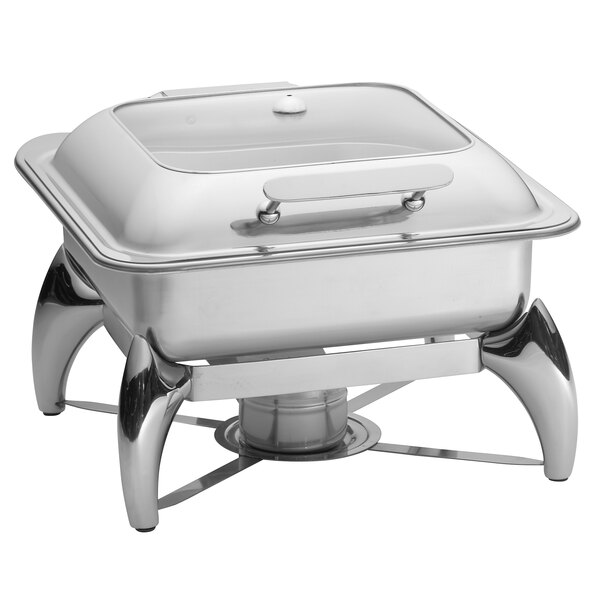 A Tablecraft stainless steel chafer with a lid on a stand.