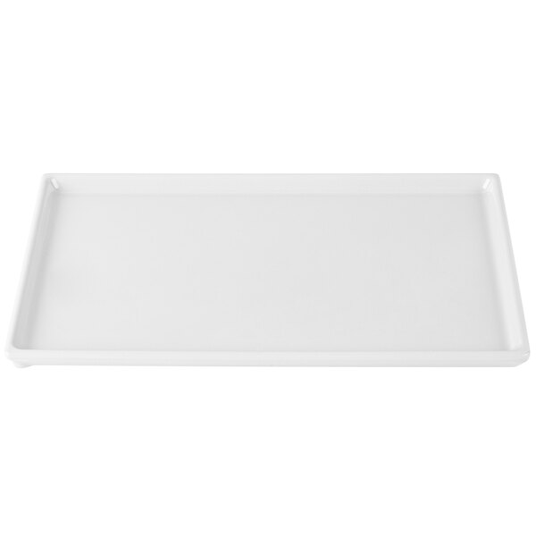A white rectangular cast aluminum Tablecraft cooling platter.