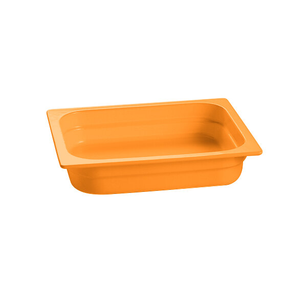 An orange rectangular cast aluminum food pan.