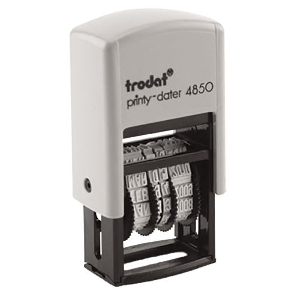 A white Trodat self-inking stamp with blue and red number stamping.