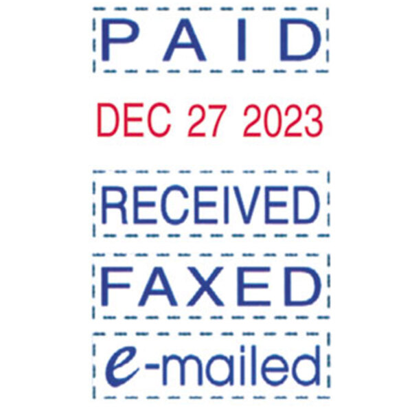 A close-up of a Trodat self-inking date stamp with blue and red text.