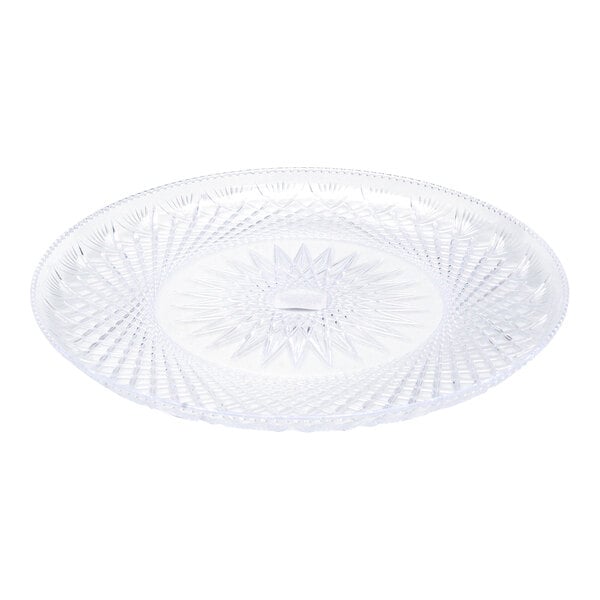 A clear plastic Fineline Catering Tray with a scalloped design.