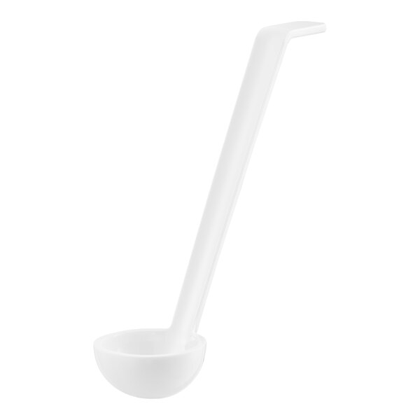 A white ladle with a long handle.