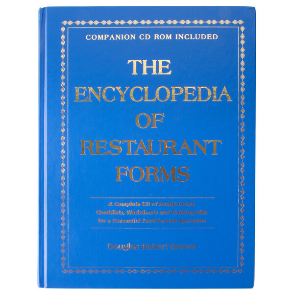 A blue book with gold text: "The Encyclopedia of Restaurant Forms"