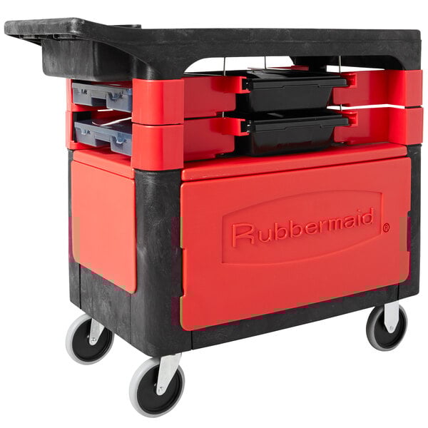 A black Rubbermaid Trades Cart with a black lid and red accents.