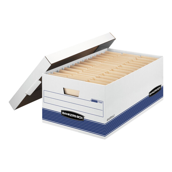 A white legal file storage box with a locking lift-off lid, containing organized file folders.