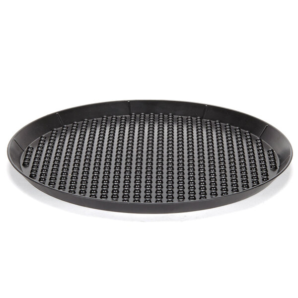 A black round polypropylene pizza tray with small holes.