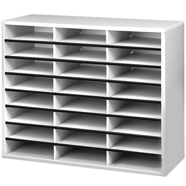 A white rectangular Fellowes literature organizer with black shelves.