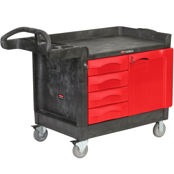 A black Rubbermaid TradeMaster tool cart with red drawers.