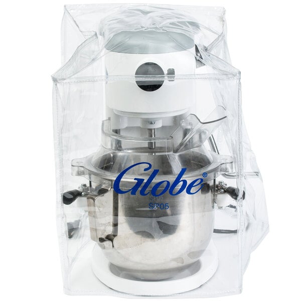 A white Globe mixer with a clear plastic cover.