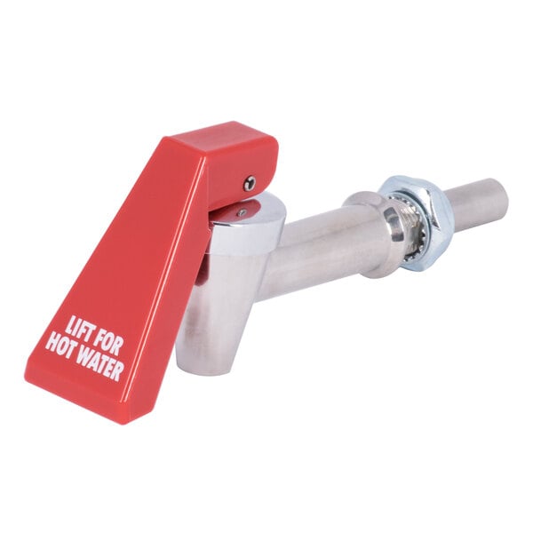 A silver pipe with a red handle and white text.