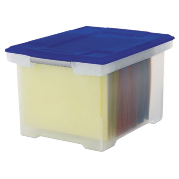 A clear plastic Storex file storage container with a blue lid.